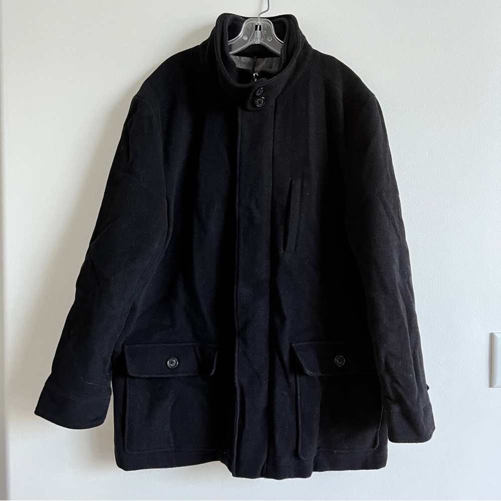 Covington Modern Wool Peacoat with Double Layer High Neck, Black Size Large